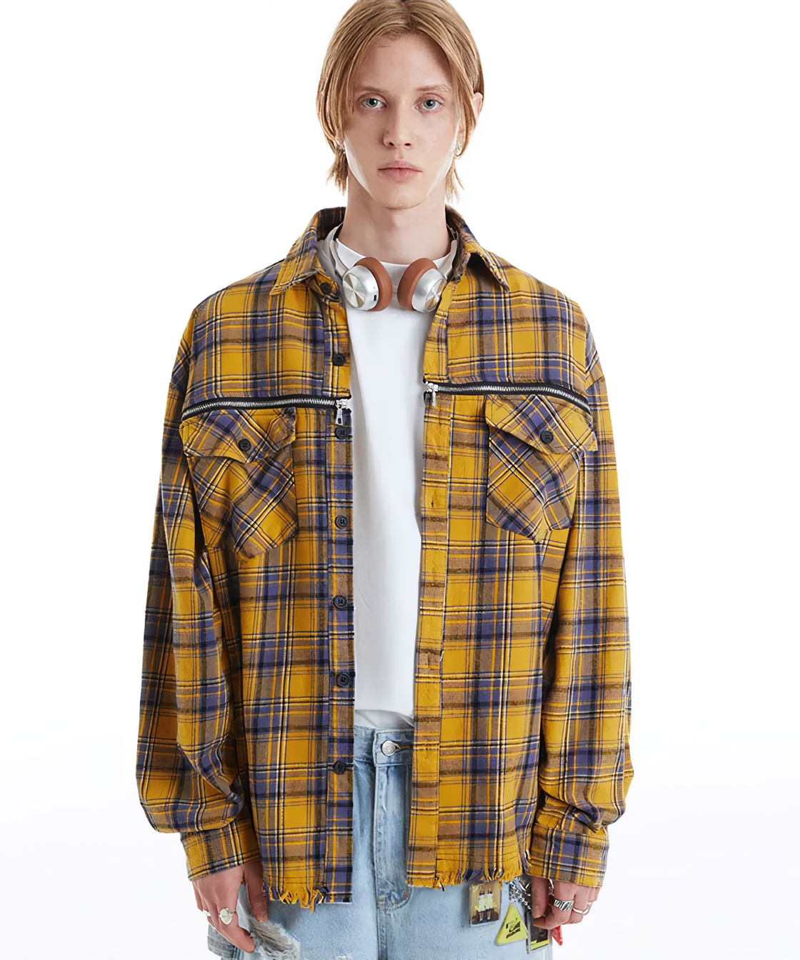 Zip design yellow check shirt