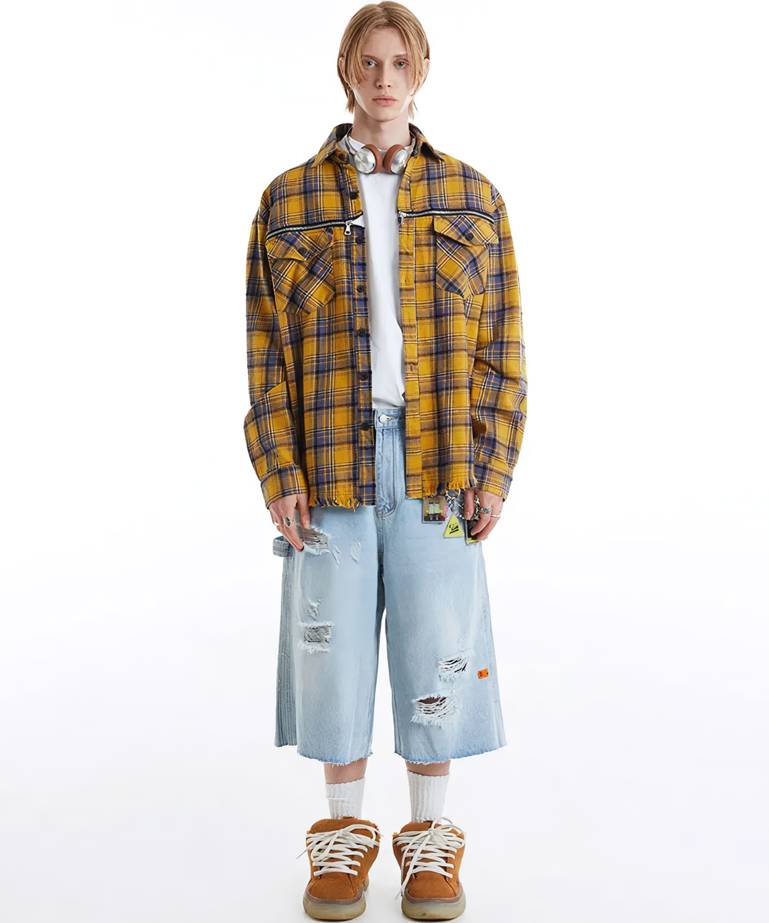 Zip design yellow check shirt