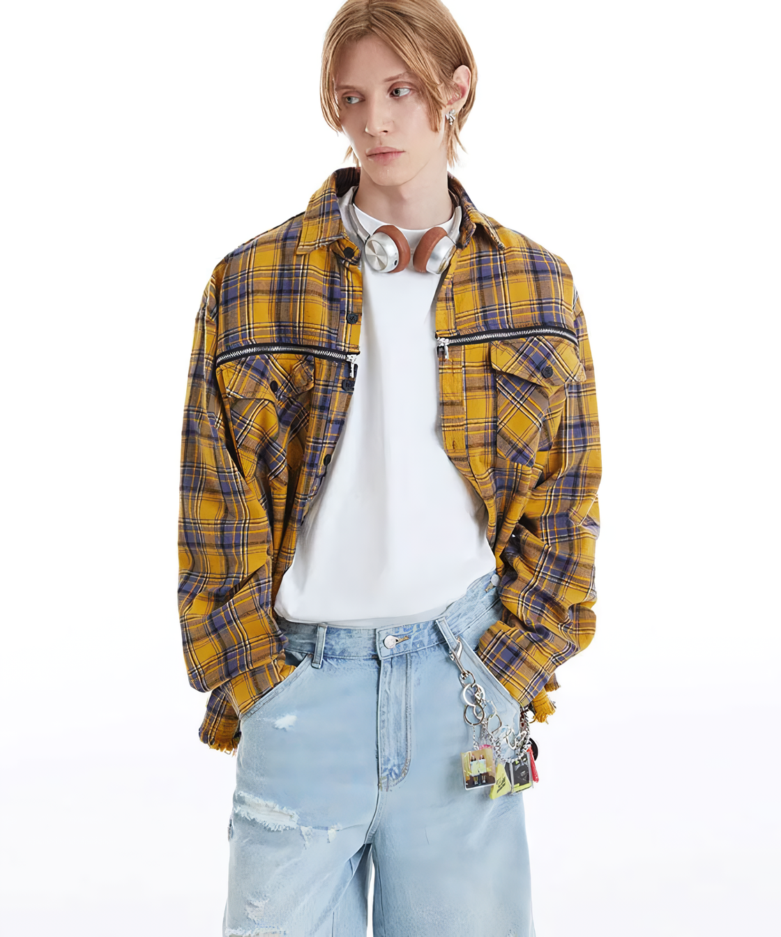 Zip design yellow check shirt