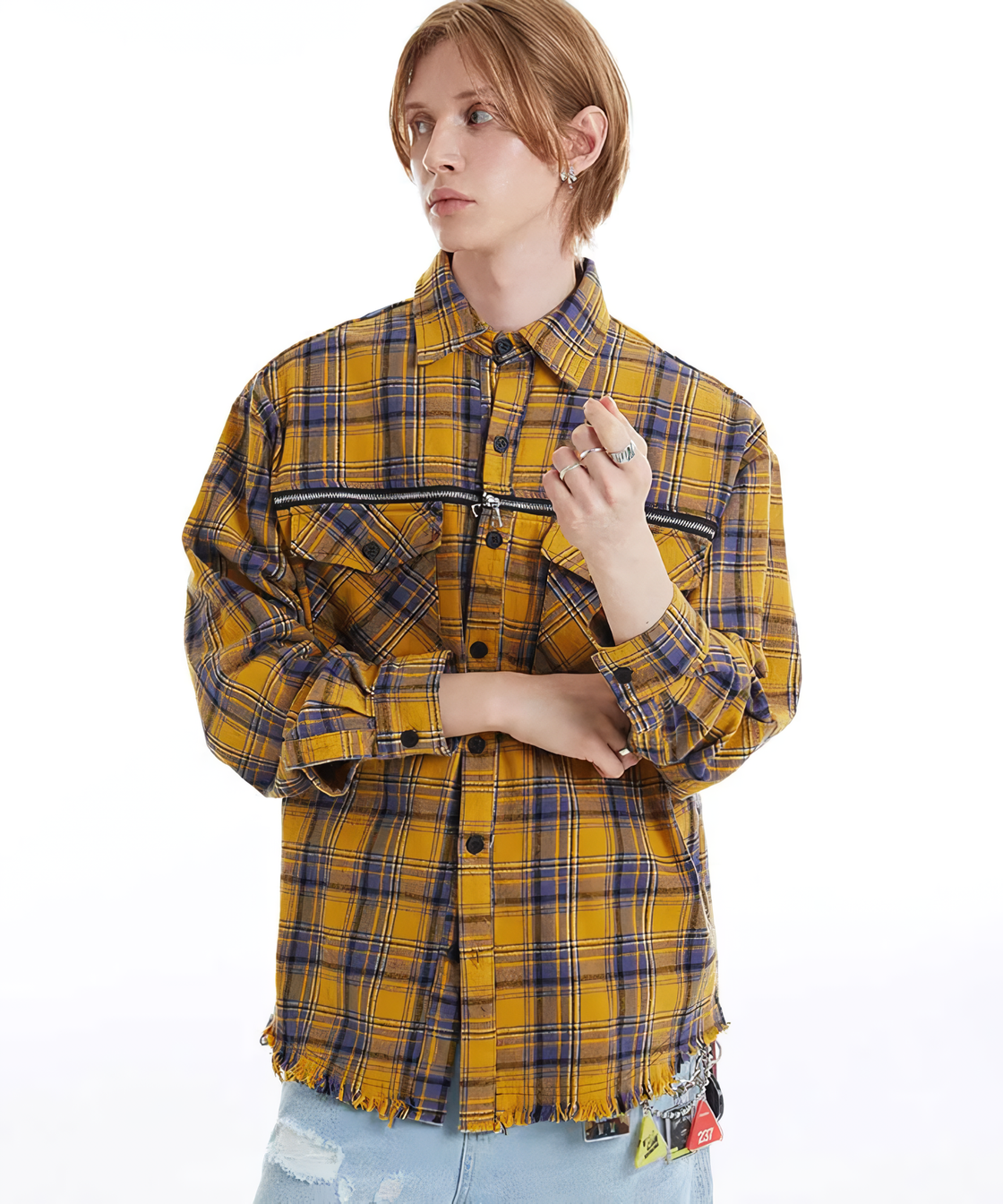 Zip design yellow check shirt