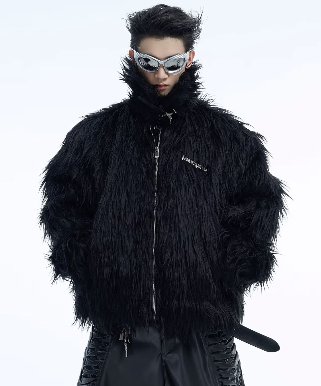 Plate design fake fur jacket