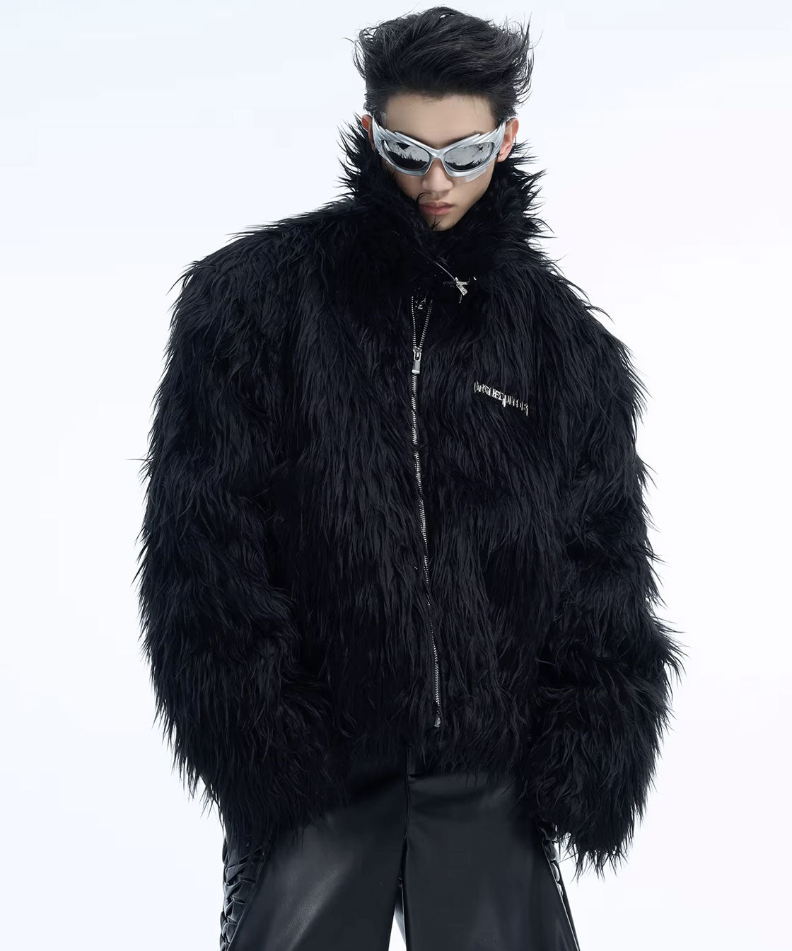 Plate design fake fur jacket