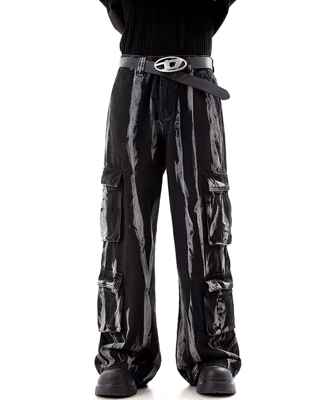 Vertical line wash design denim pants