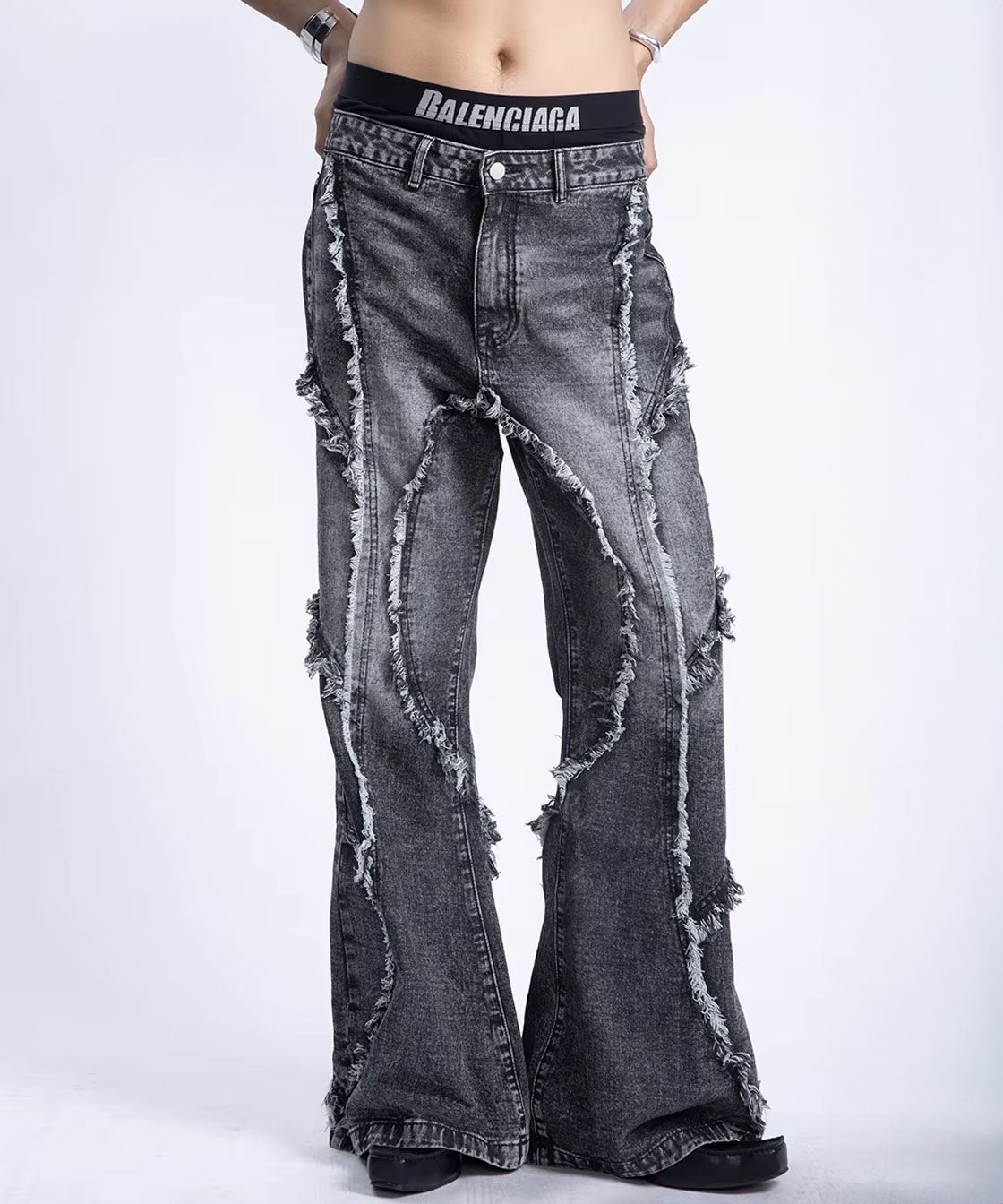 Double fringe design washed denim pants