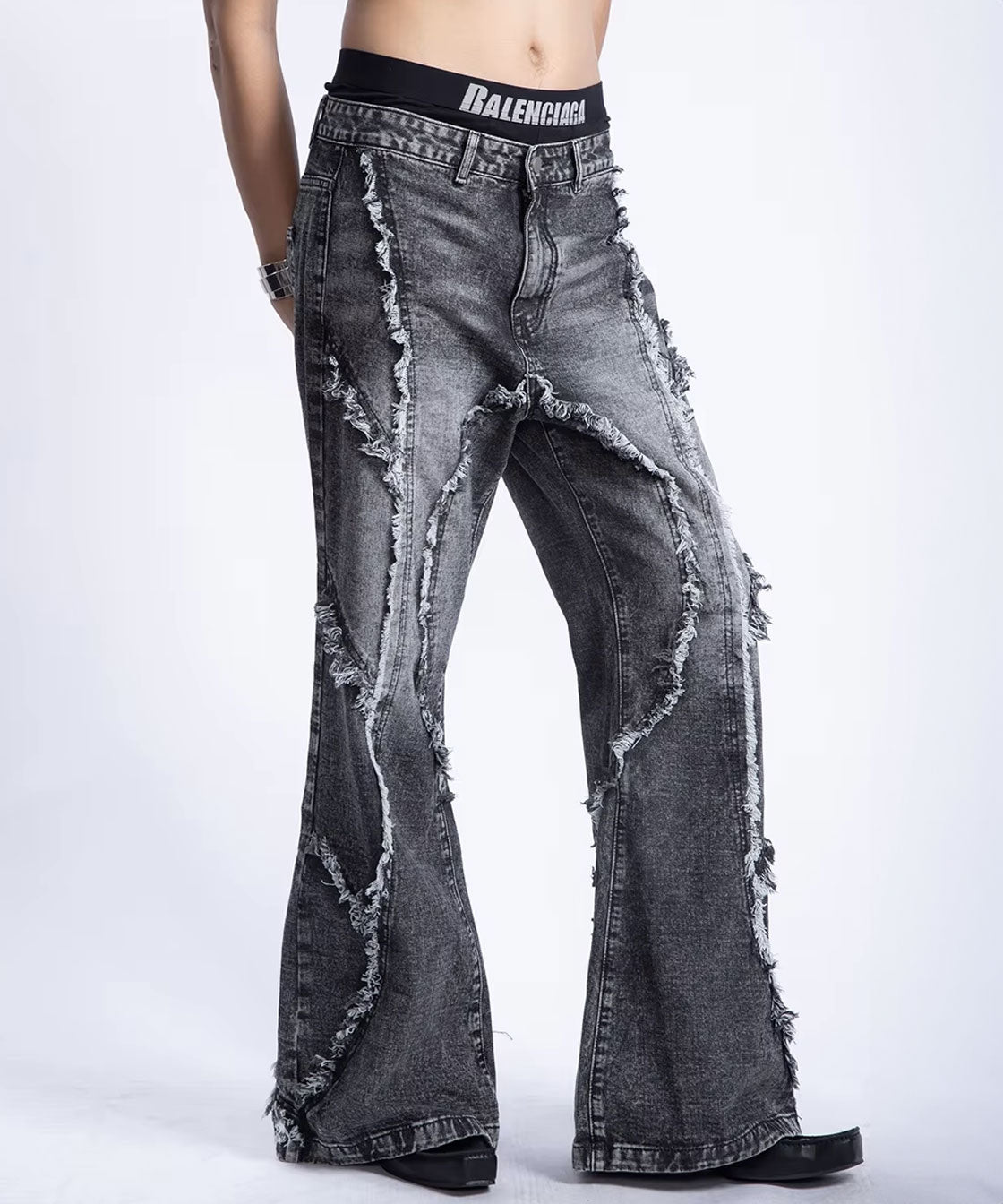 Double fringe design washed denim pants