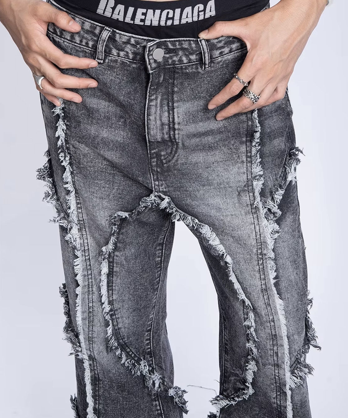 Double fringe design washed denim pants