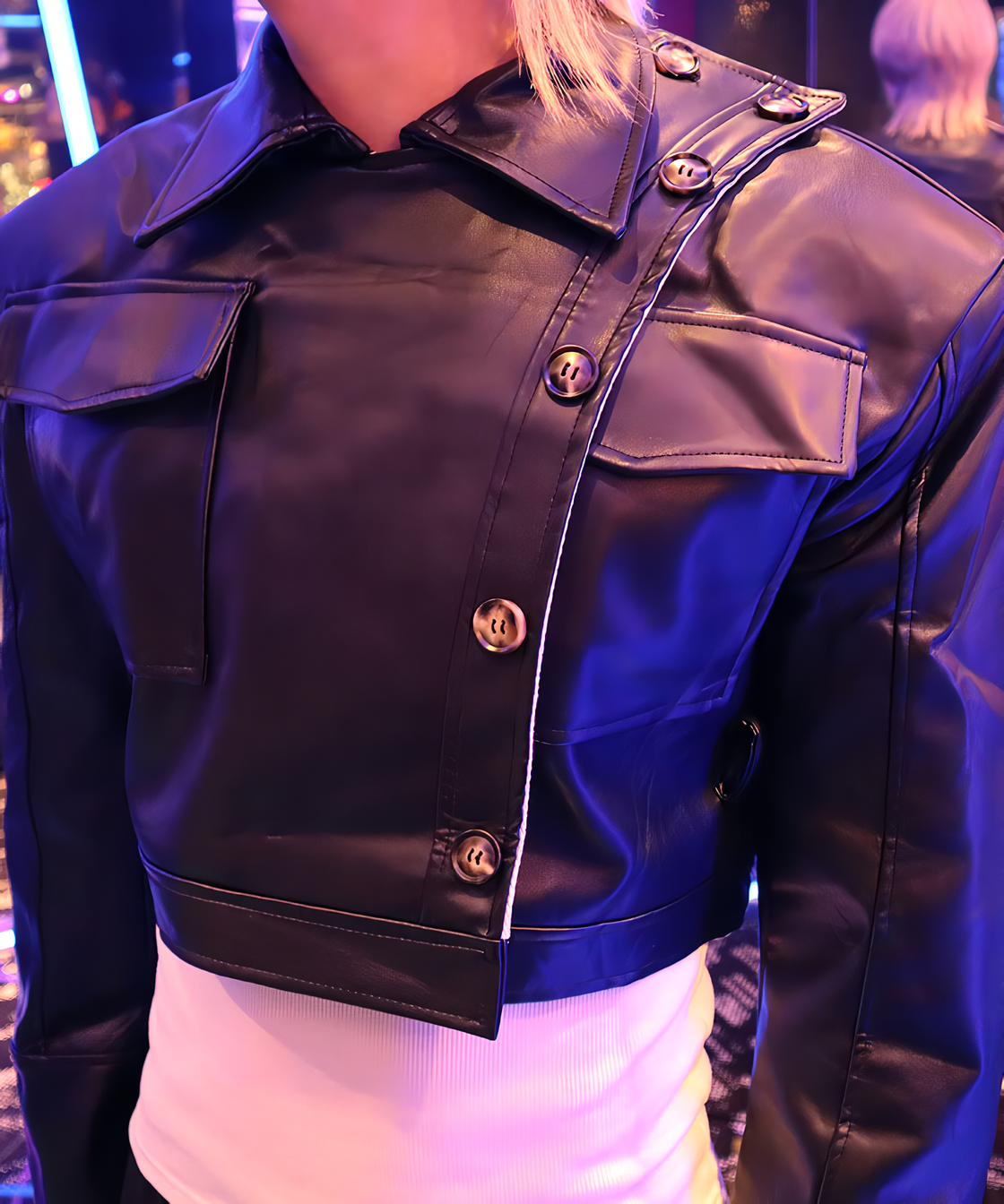 Asymmetry fake leather short jacket