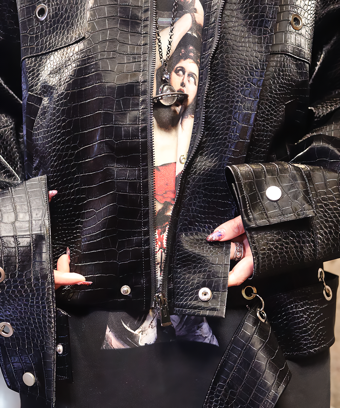 Croco-embossed fake leather jacket