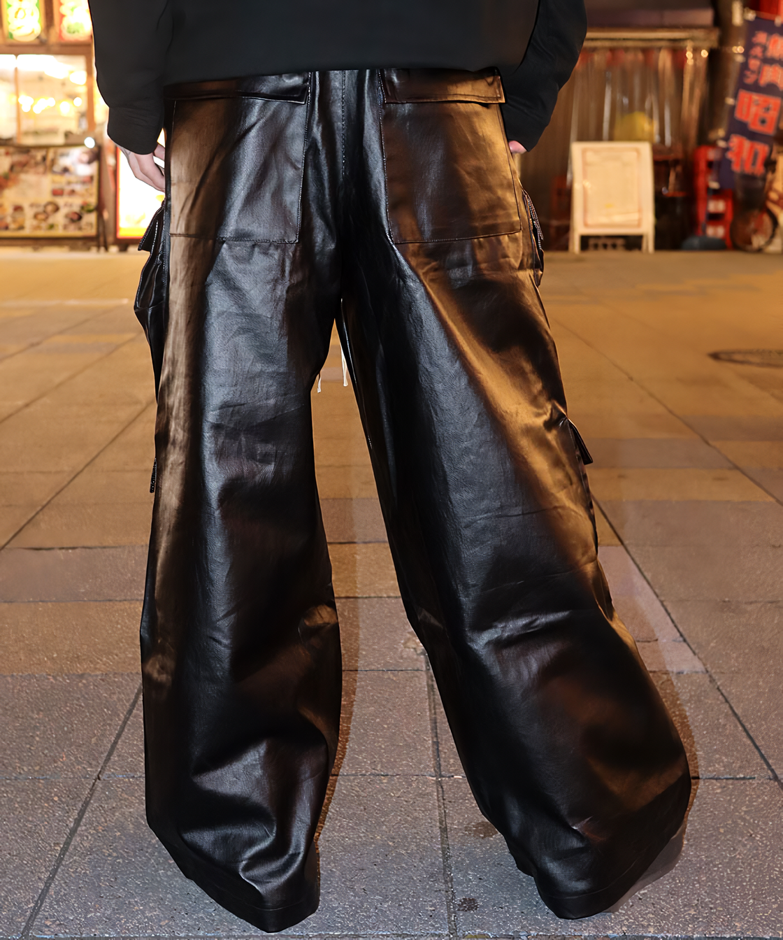 Fake leather wide cargo pants