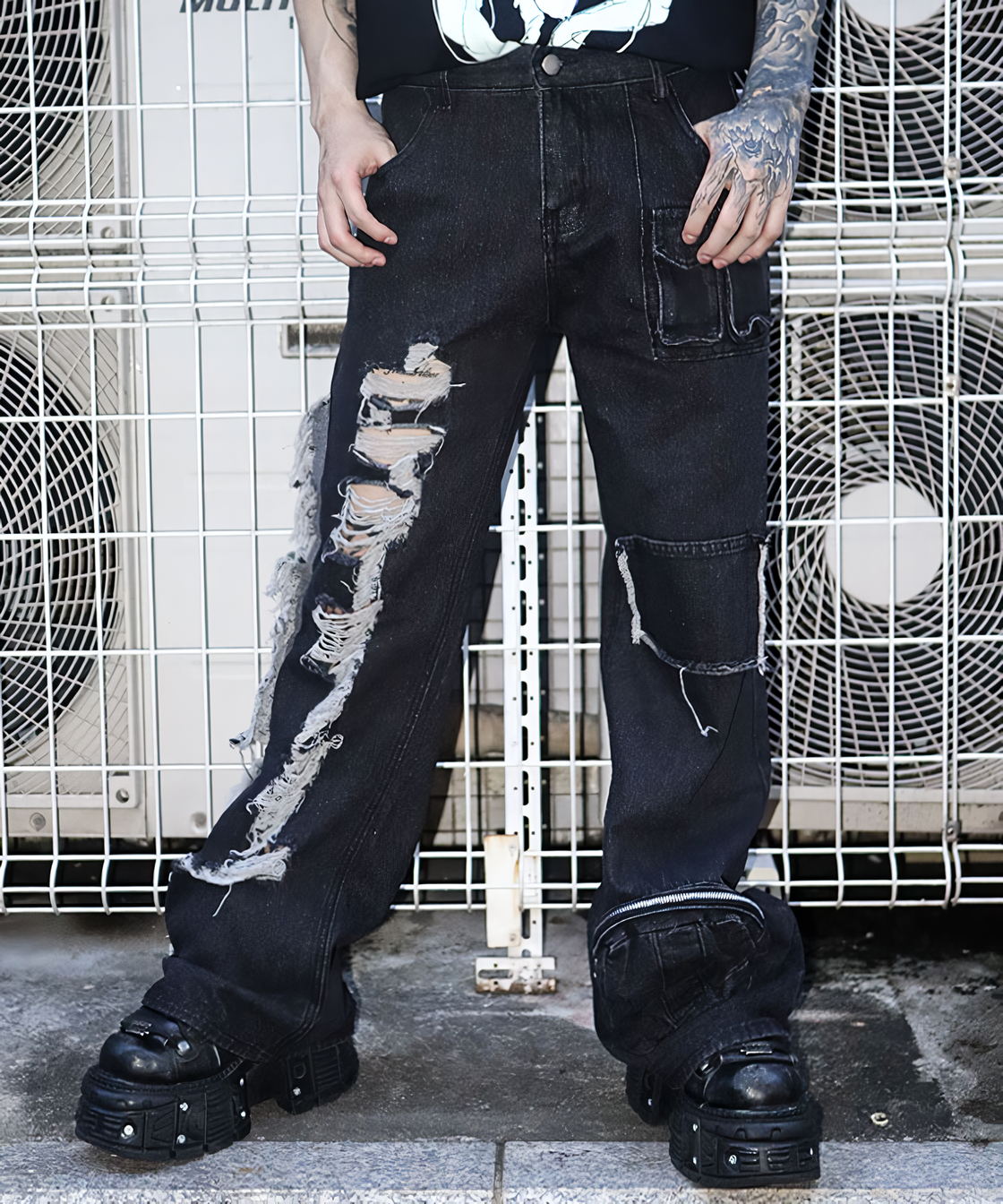 Asymmetry Fringe design denim pants