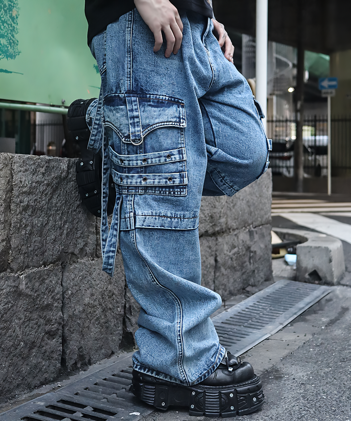 Suspender cargo denim pants