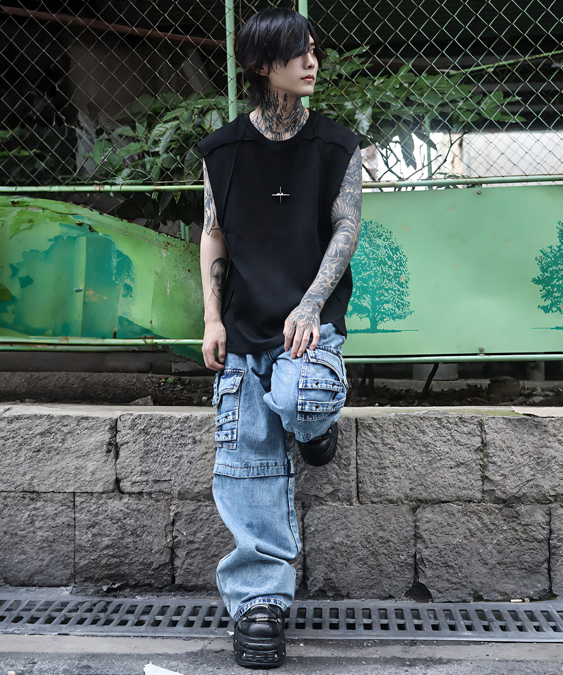 Suspender cargo denim pants