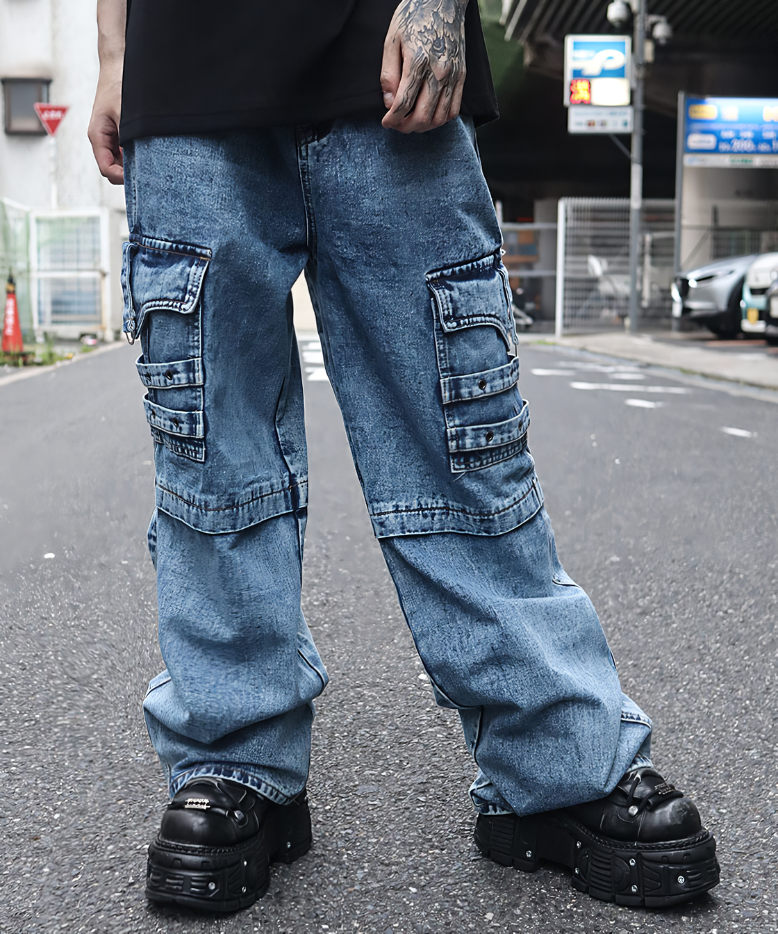 Suspender cargo denim pants