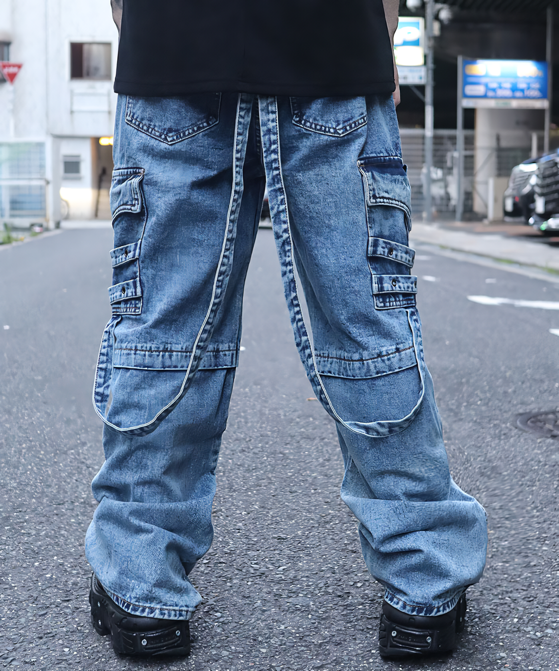 Suspender cargo denim pants