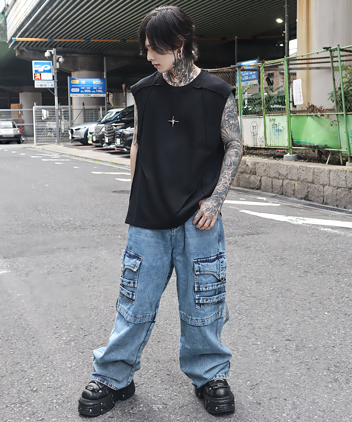 Suspender cargo denim pants