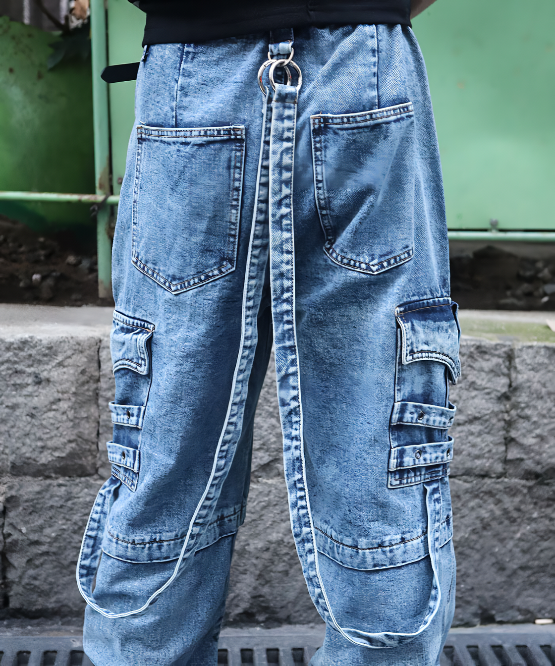 Suspender cargo denim pants